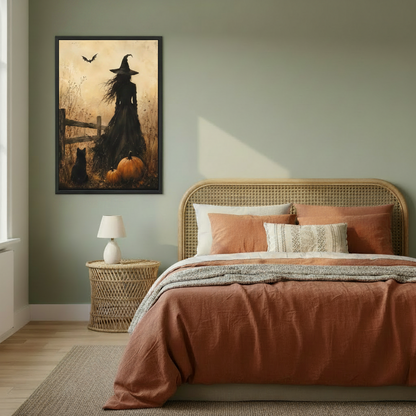 Vintage witch and black cat gothic canvas wall art in boho bedroom — dark moody Halloween framed print, sage green wall decor