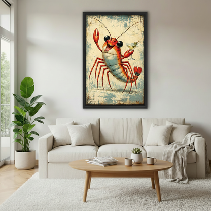Vintage lobster cocktail canvas wall art in a gallery-wrap finish styled in a bright modern living room