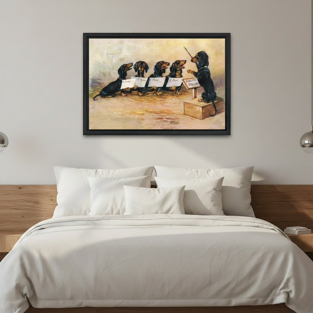 Funny dachshund choir conductor Victorian vintage framed canvas wall art above bed in modern bedroom