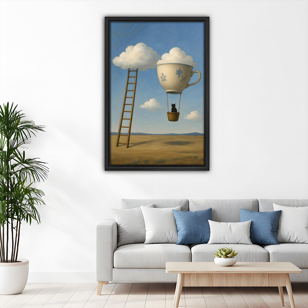 Black cat teacup hot air balloon framed art print above sofa, whimsical living room wall decor
