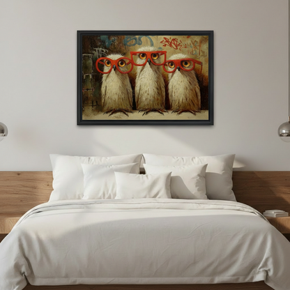 Framed three owls with red glasses canvas wall art above bed, quirky graffiti owl print for bedroom eclectic decor