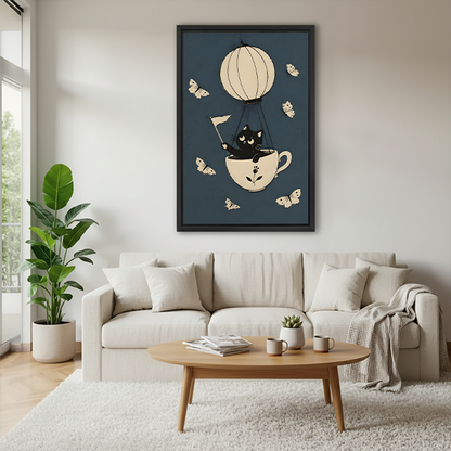 Black Cat Teacup Hot Air Balloon Canvas Wall Art | Framed & Unframed l3849