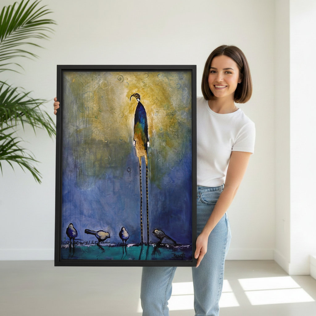 Woman holding large framed whimsical bird abstract art print in blue and gold tones
