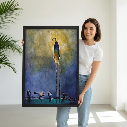 Woman holding large framed whimsical bird abstract art print in blue and gold tones