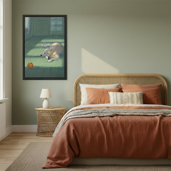 Golden retriever lazy day illustration framed canvas wall art in boho bedroom with rattan headboard