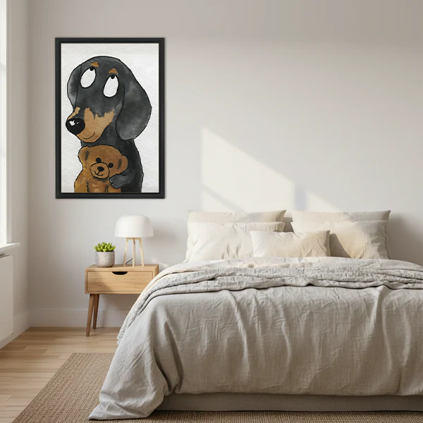 Adorable dachshund holding teddy bear cute watercolor framed canvas print above bed in bright minimalist bedroom