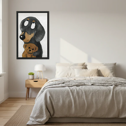 Adorable dachshund holding teddy bear cute watercolor framed canvas print above bed in bright minimalist bedroom