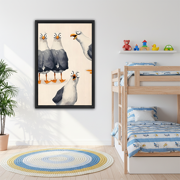 Funny seagull watercolor framed canvas wall art in kids room, whimsical cartoon bird print for children's bedroom decor