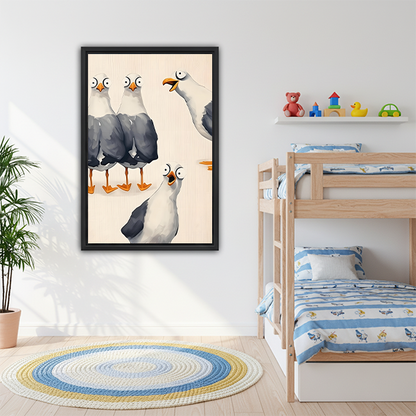 Funny seagull watercolor framed canvas wall art in kids room, whimsical cartoon bird print for children's bedroom decor