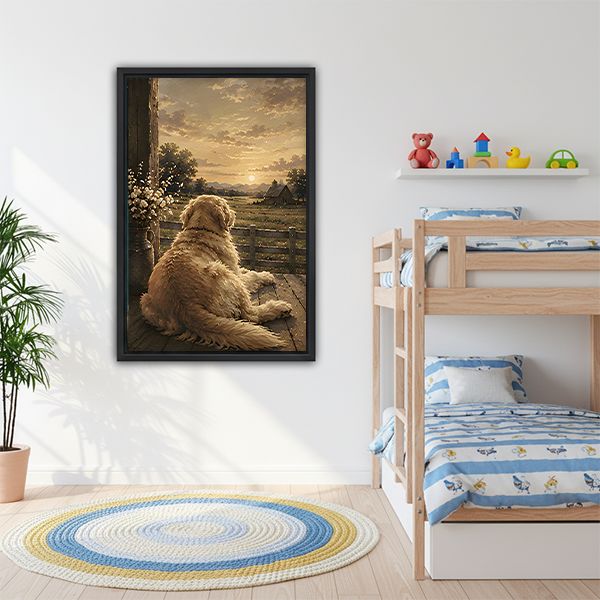 Golden retriever farm sunset vintage framed canvas wall art displayed in kids bedroom
