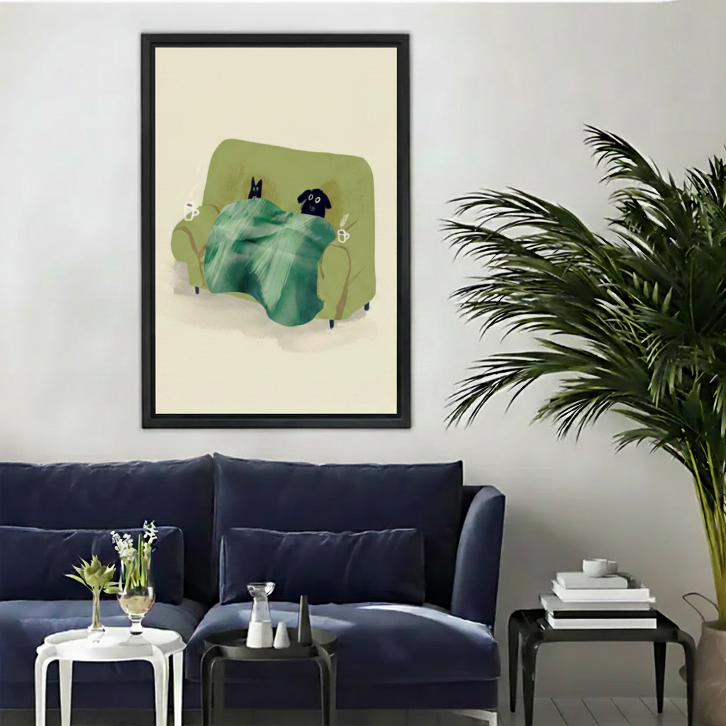 Cat dog cozy sofa framed wall art above navy sofa — cute pet illustration home decor print