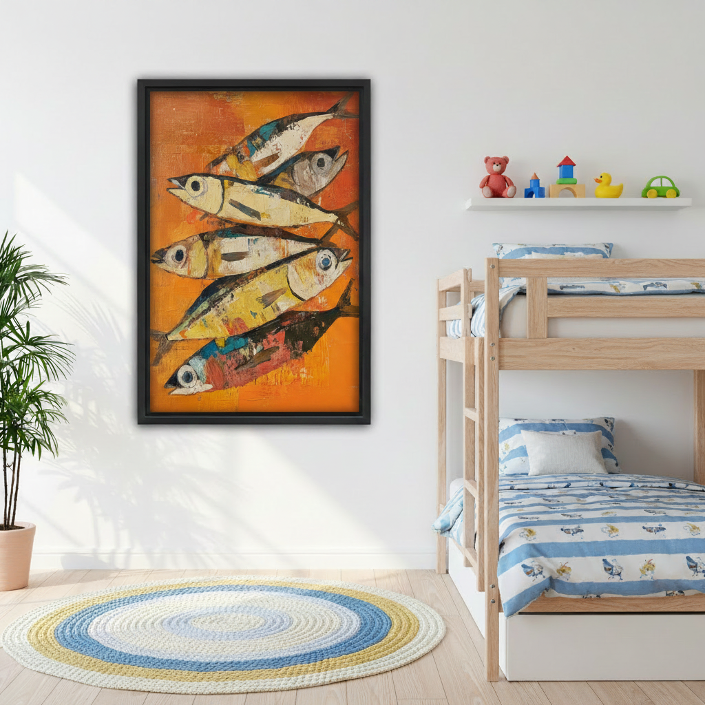 Colorful abstract fish painting in black frame, vibrant ocean canvas wall art for kids bedroom