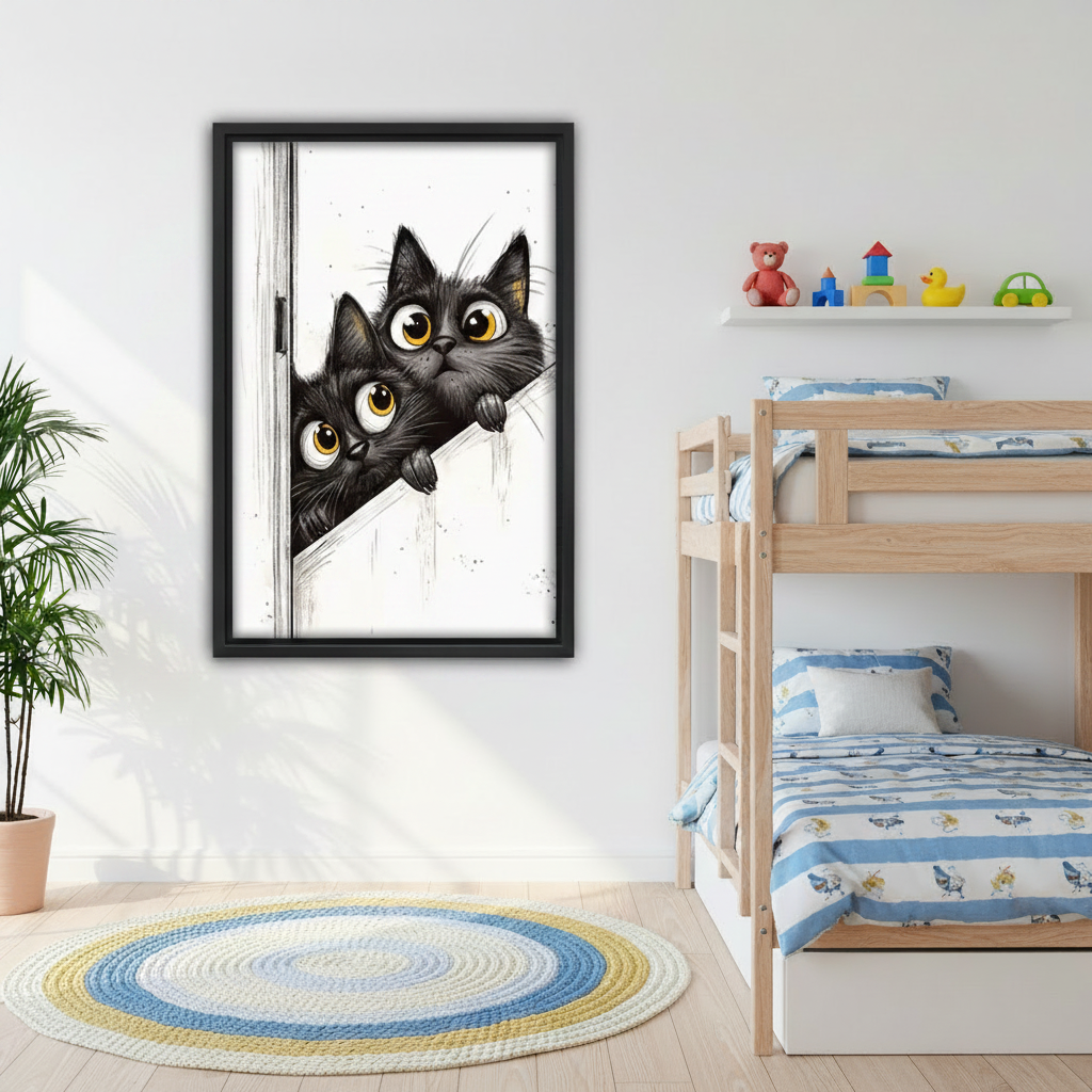 Peeking black cats framed canvas wall art in kids bedroom, whimsical funny cat print children's room decor