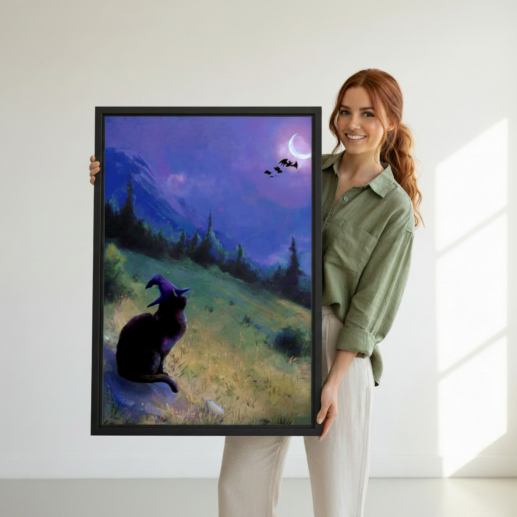 Woman holding large black framed witch cat fantasy wall art — mystical moon night canvas print