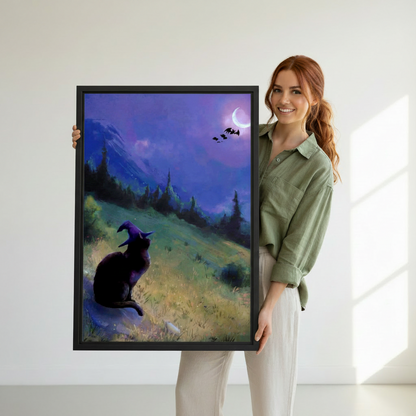 Woman holding large black framed witch cat fantasy wall art — mystical moon night canvas print