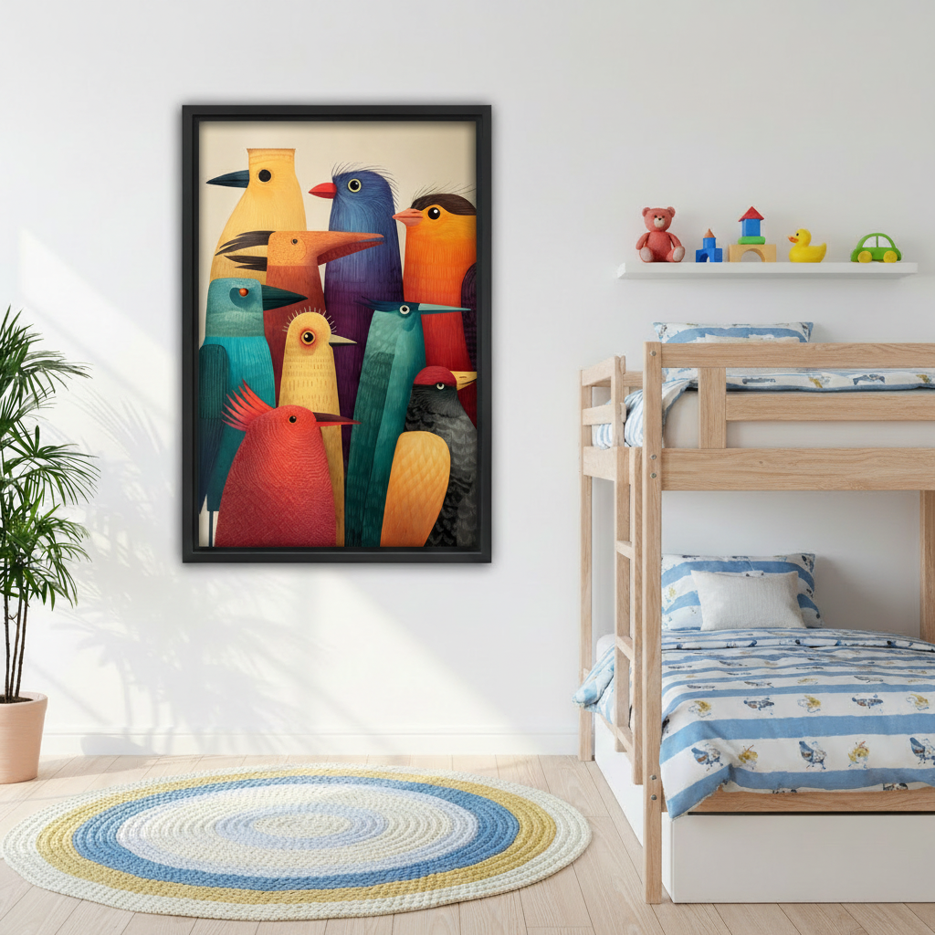 Whimsical colorful bird folk art framed canvas wall art hung in kids bedroom, vibrant teal red and yellow bird print