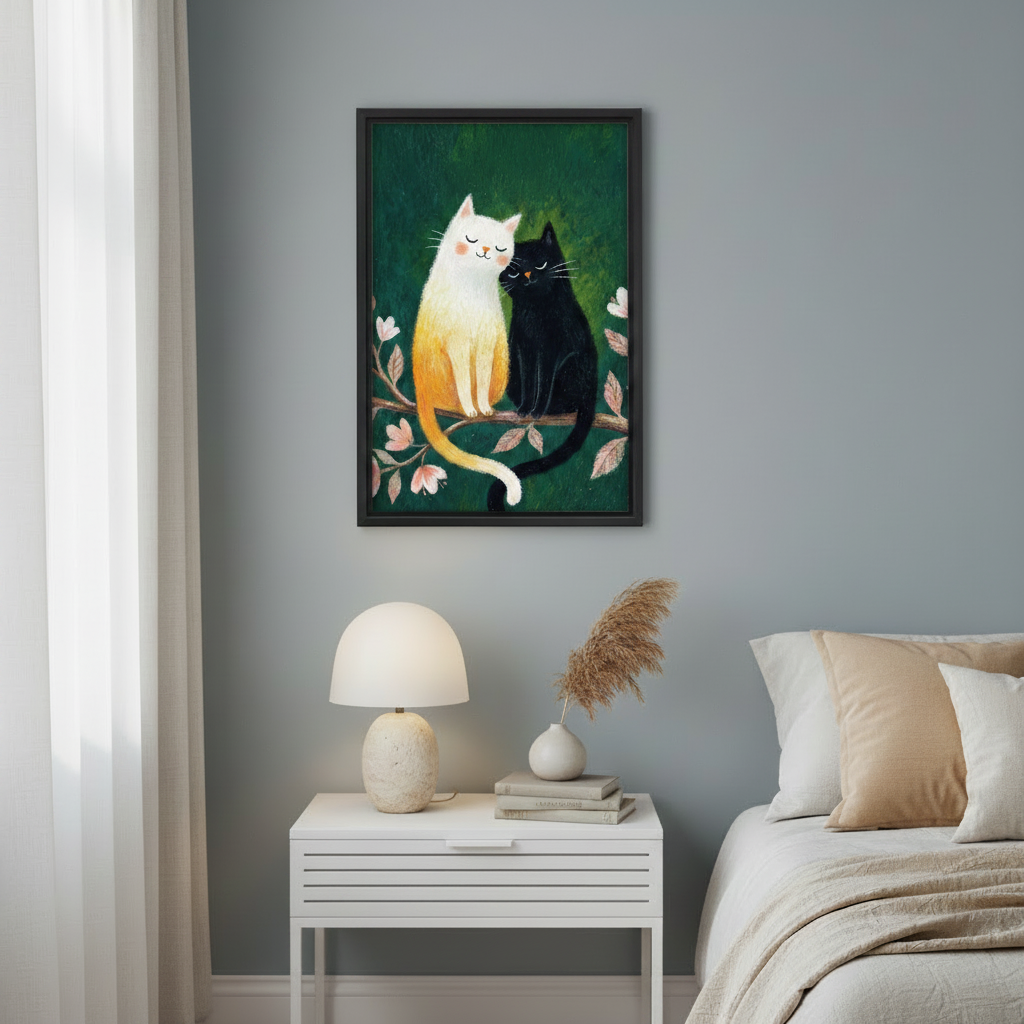 Framed cat couple wall art hung above bedside table in cozy bedroom — perfect romantic cat decor for bedroom walls