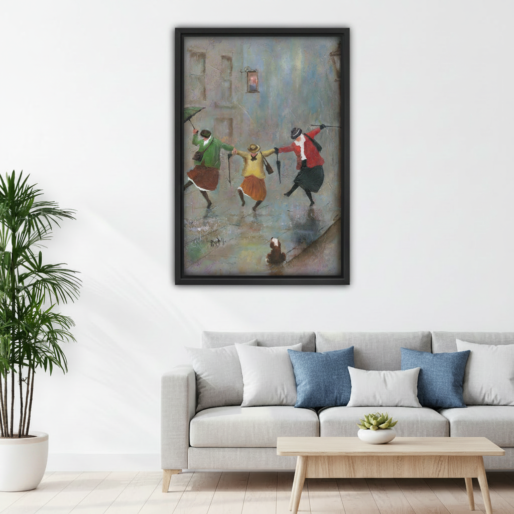 Vintage oil painting style framed canvas of joyful women dancing in rain, living room wall decor