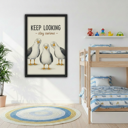 Whimsical seagull canvas wall art in kids bedroom, curious bird motivational print for children's room decor