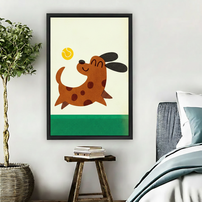 Happy dog chasing tennis ball whimsical illustration framed canvas wall art above wooden stool in cozy bedroom