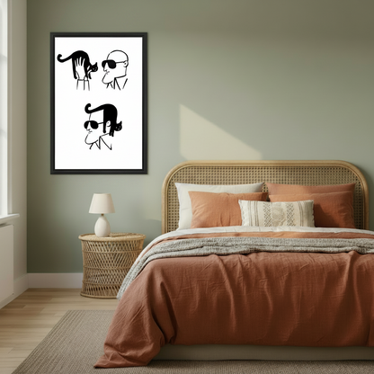 Minimalist black cat art print framed on sage green bedroom wall modern home decor