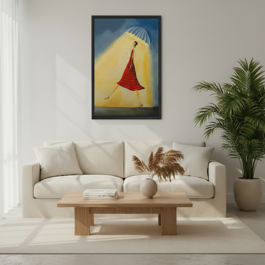 Vintage surrealist canvas print — confident woman in red striped dress walking with umbrella in dreamy light