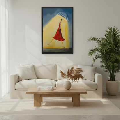 Vintage surrealist canvas print — confident woman in red striped dress walking with umbrella in dreamy light