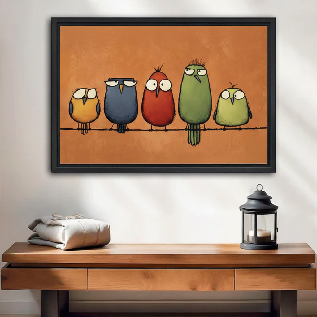 Whimsical Birds on Wire Framed Wall Art - Colorful Bird Print for Living Room