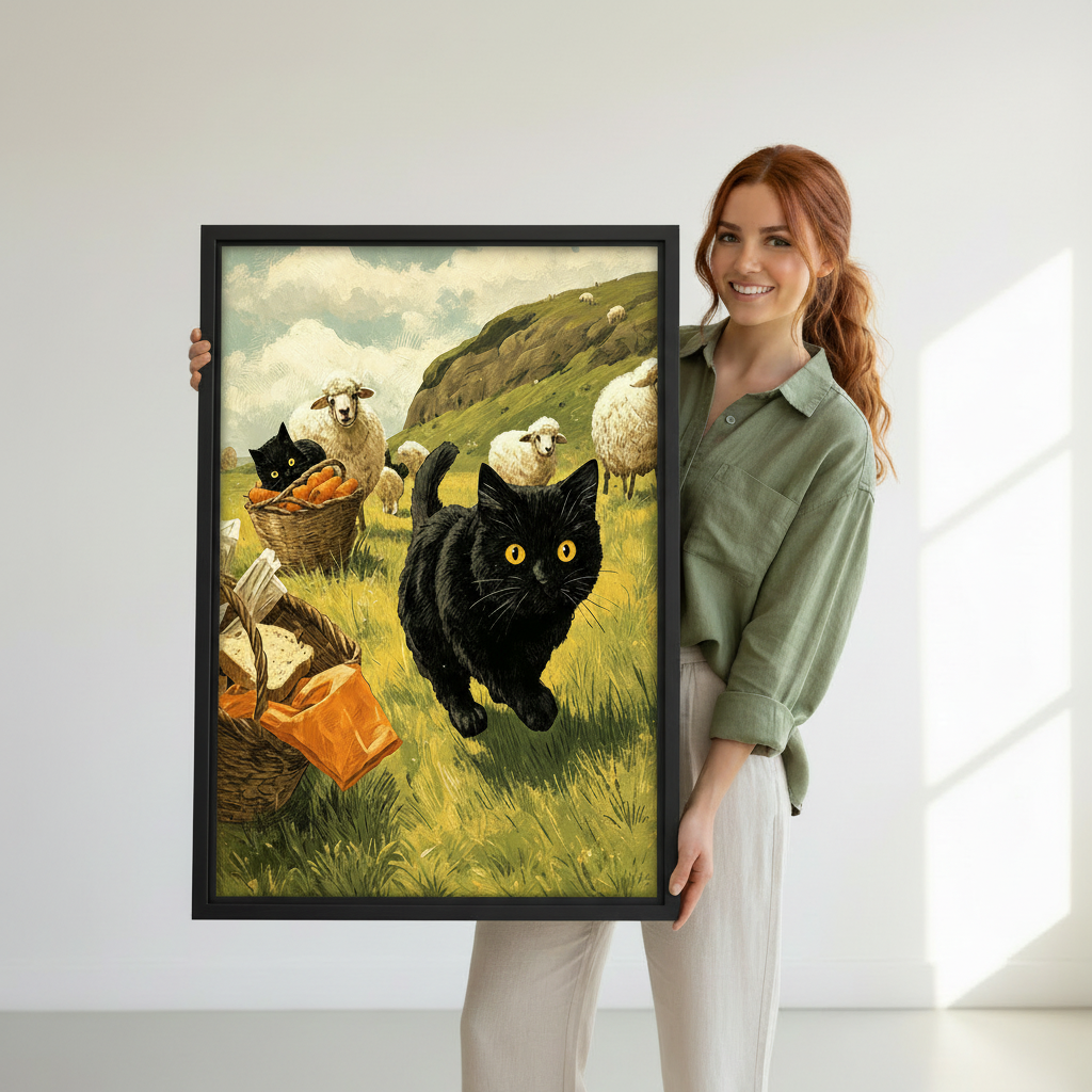 Model holding vintage black cat countryside framed canvas print — whimsical pastoral wall art gift idea