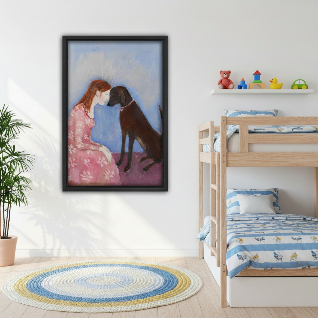Oil painting woman and black dog framed canvas wall art hanging in bright kids bedroom with bunk bed
