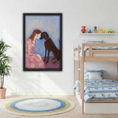 Oil painting woman and black dog framed canvas wall art hanging in bright kids bedroom with bunk bed
