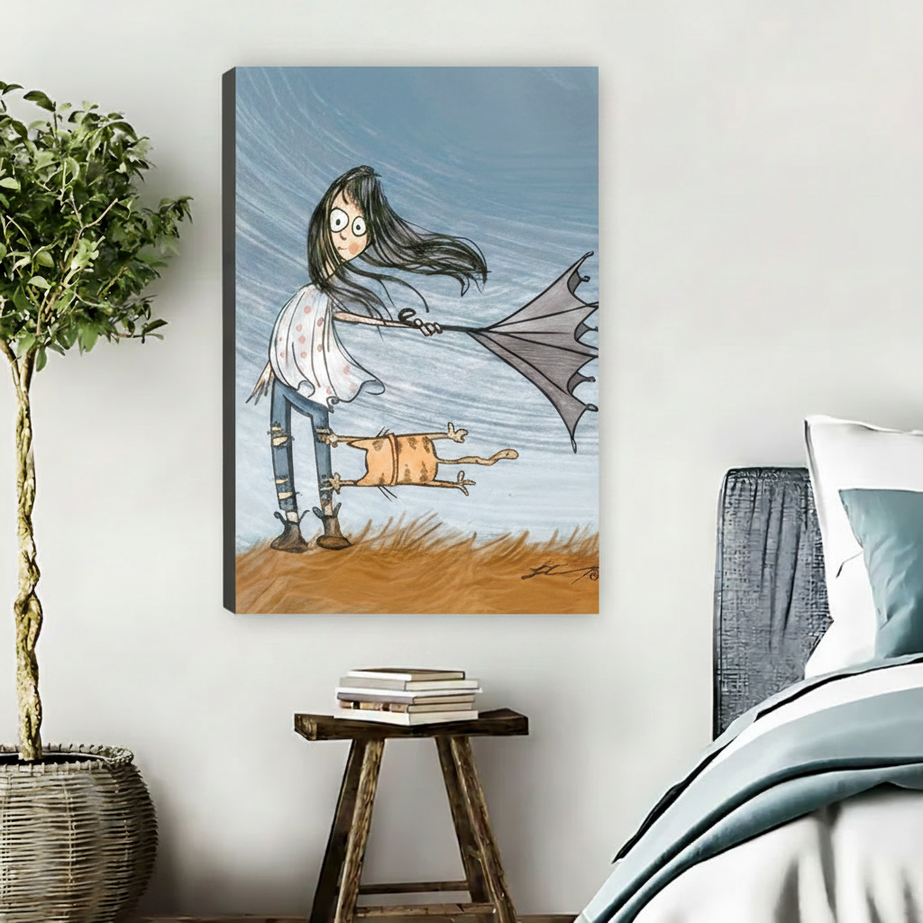 Whimsical girl and orange cat canvas wall art in bedroom with wood stool gallery wrap