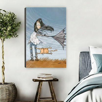 Whimsical girl and orange cat canvas wall art in bedroom with wood stool gallery wrap