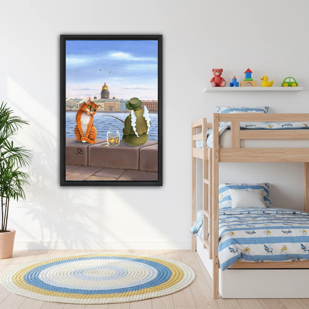 Charming cat fishing illustration framed canvas wall art in kids bedroom with bunk bed and colorful toys