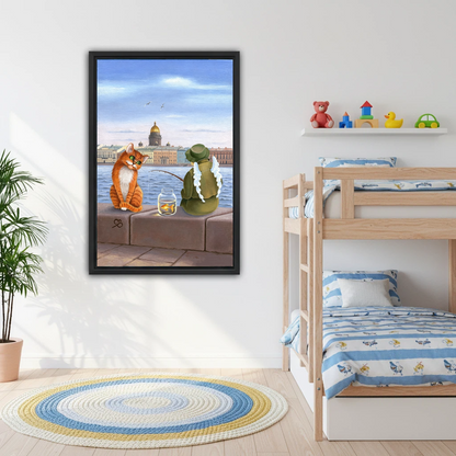 Charming cat fishing illustration framed canvas wall art in kids bedroom with bunk bed and colorful toys