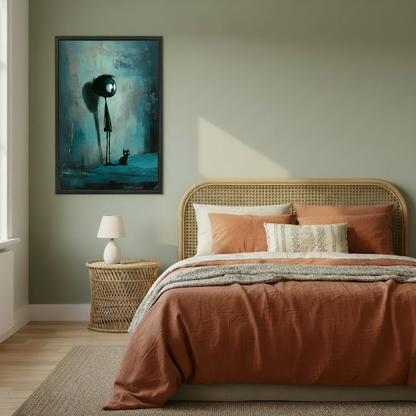 Moody teal quirky figure black cat framed canvas art displayed in cozy bedroom with sage green walls