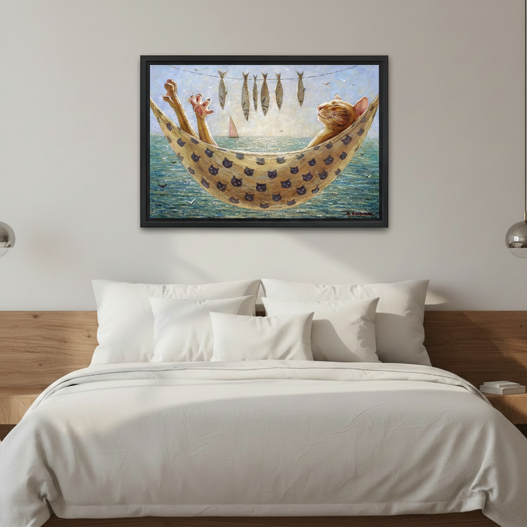 Cat in hammock with fish ocean oil painting framed canvas print above bedroom headboard — coastal whimsical decor