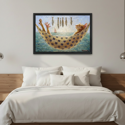 Cat in hammock with fish ocean oil painting framed canvas print above bedroom headboard — coastal whimsical decor