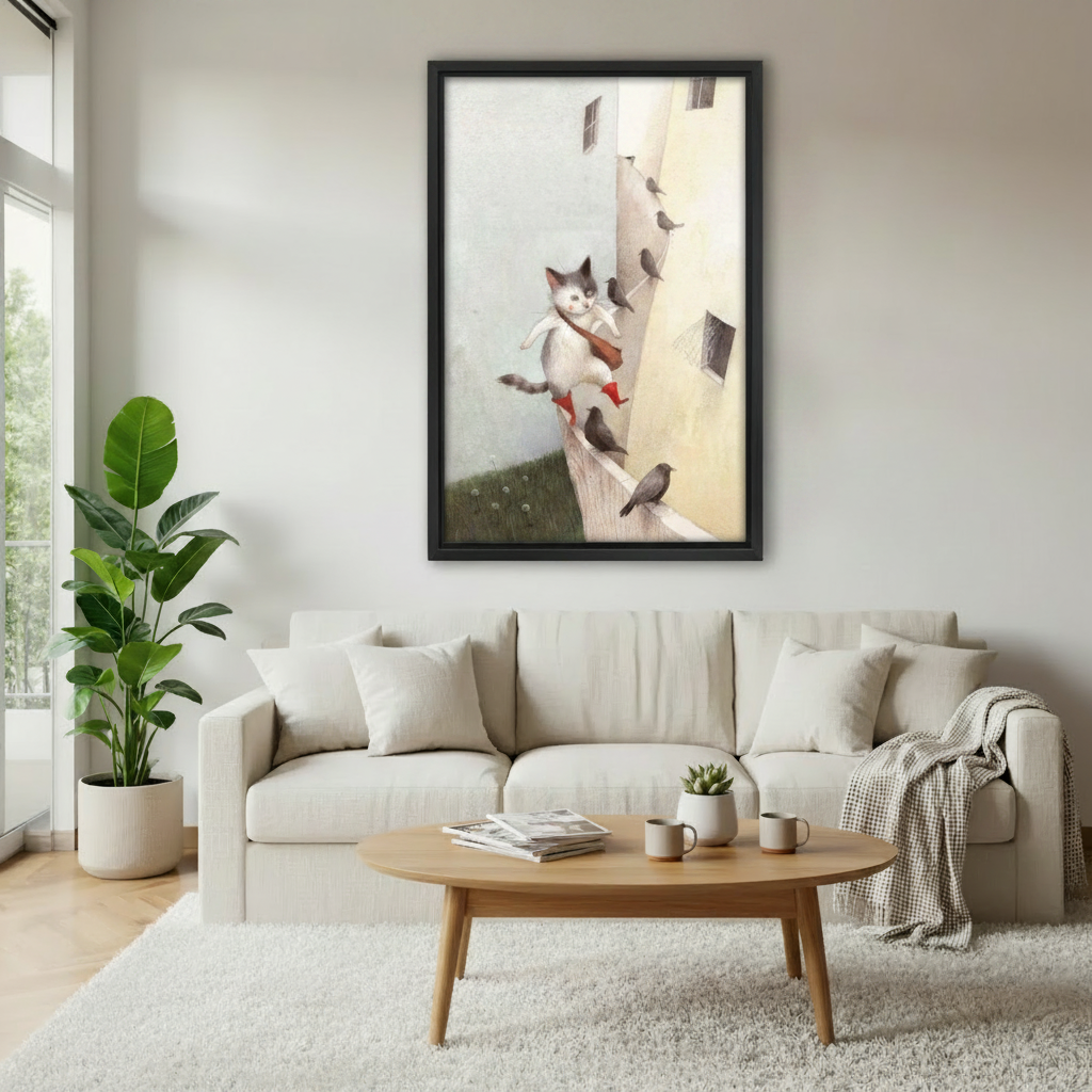 Whimsical cat in red boots framed wall art above white sofa in minimalist living room with natural light