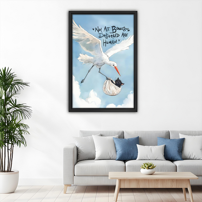 Funny cat stork whimsical art print above living room sofa
