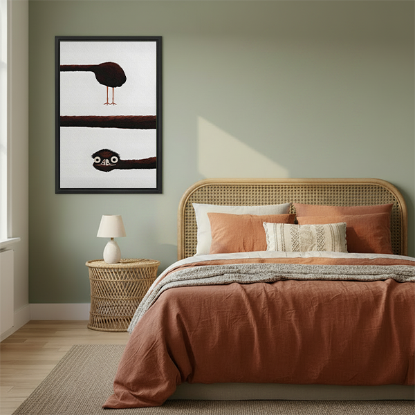 Funny peekaboo bird minimalist canvas wall art displayed above a white living room sofa