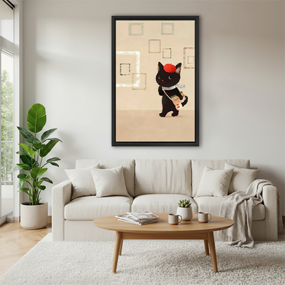 Quirky black cat in red beret holding bubble tea framed canvas wall art above white sofa in Scandinavian living room

