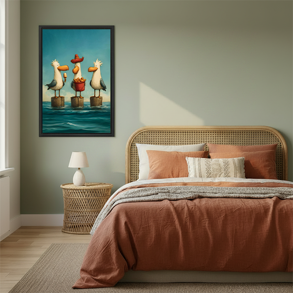 Funny cartoon seagulls beach framed canvas wall art print bedroom coastal decor ocean