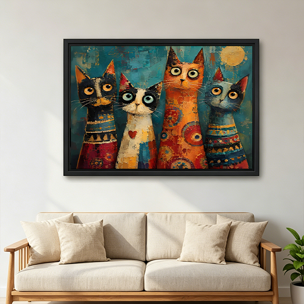 Woman holding framed four cats canvas wall art with patterned feline portraits against a teal background.