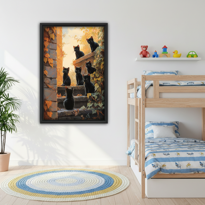 Black kittens framed canvas art in kids bedroom, cute cat group on stone steps painting, whimsical children's room decor