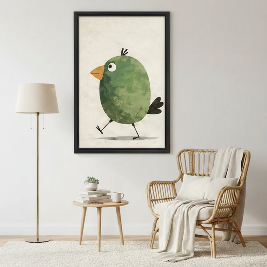 Cute Walking Green Bird Wall Art-Minimalist Framed Canvas|Liberty Signs#L1873