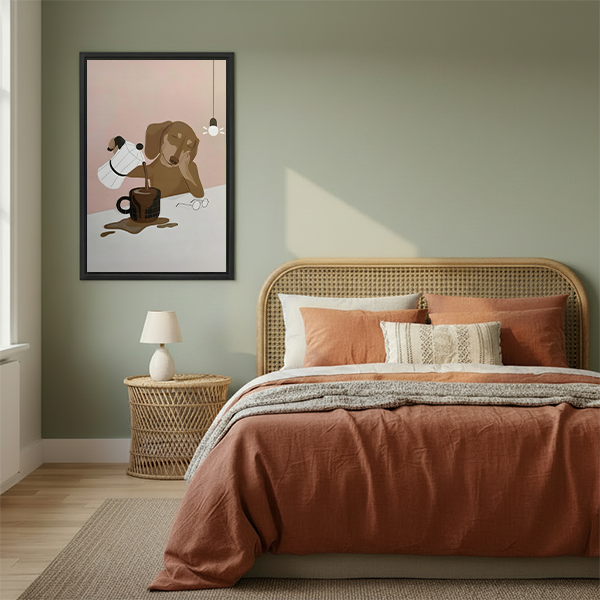 Minimalist dachshund coffee art print in warm boho bedroom with rattan headboard