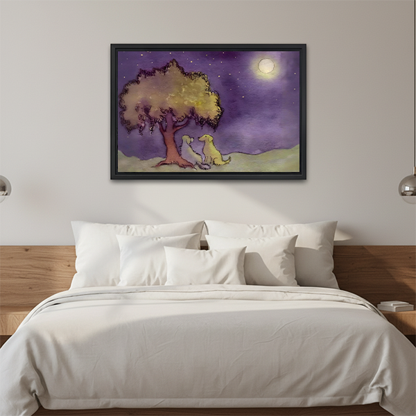 Two dogs moonlit tree framed canvas print above bed – romantic watercolor wall art for bedroom decor
