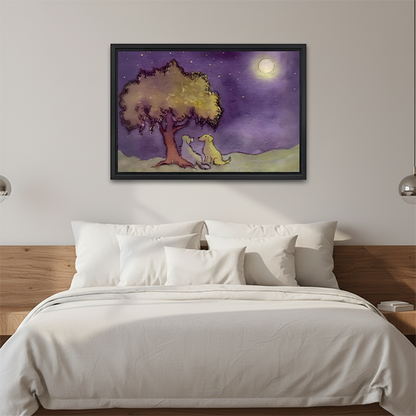 Two dogs moonlit tree framed canvas print above bed – romantic watercolor wall art for bedroom decor
