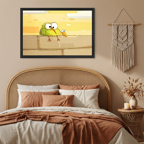 Two cartoon birds peeking over wall humorous yellow illustration black framed canvas wall art above rattan bed in boho bedroom